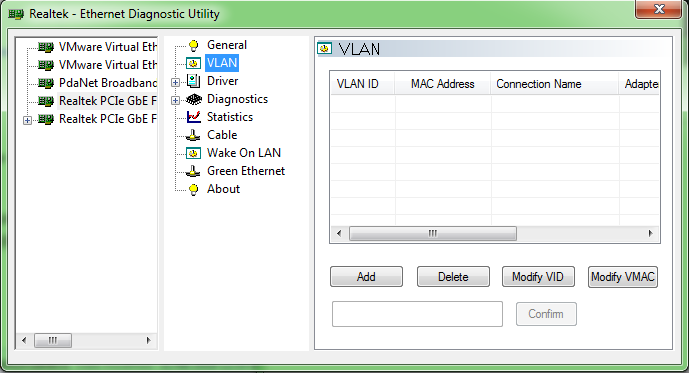 Realtek Ethernet Diagnostic Utility VLAN 界面