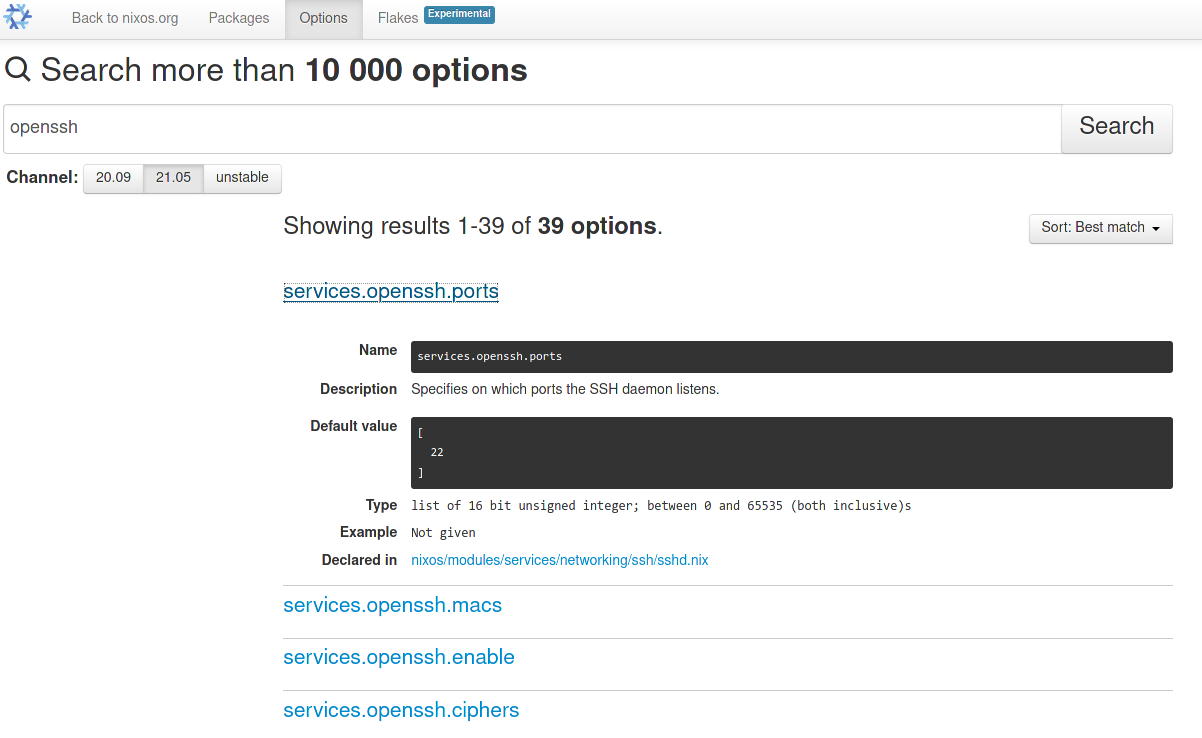 NixOS Official Search: Options