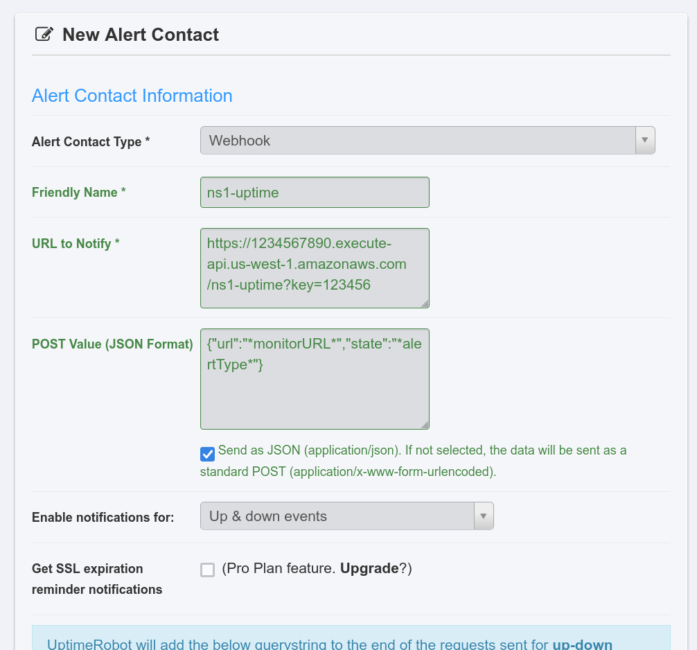 UptimeRobot Webhook Config